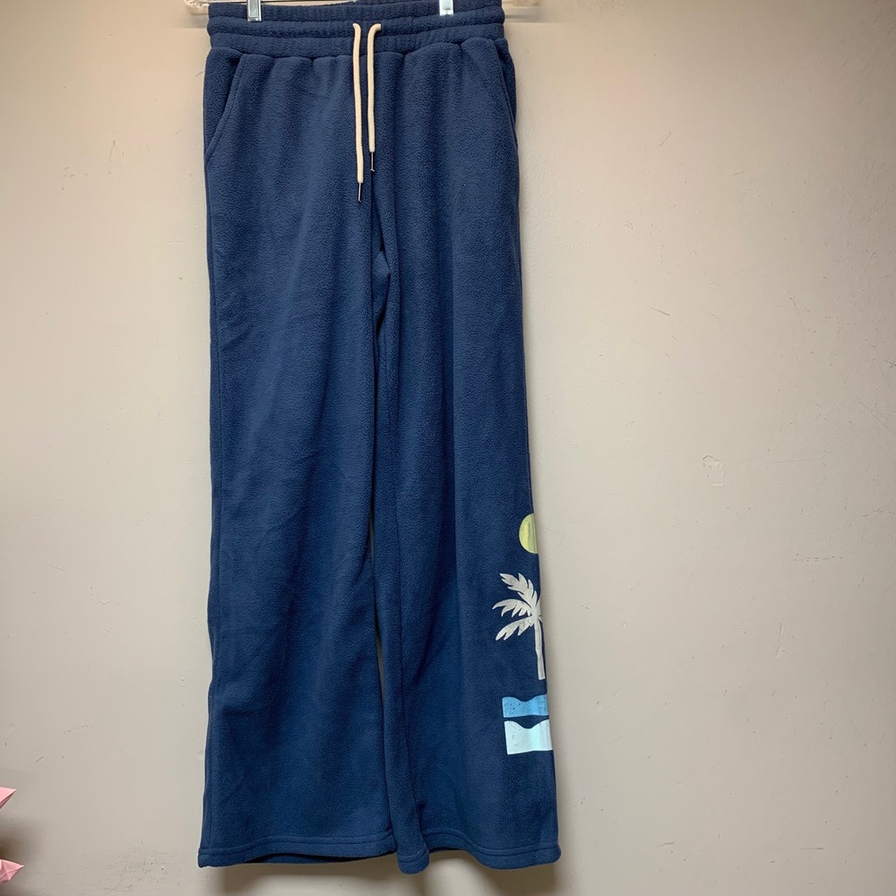 Saltwater Luxe Fleece Lounge Pants Womens XS Blue Fog NWT Wide Leg Palm Tree